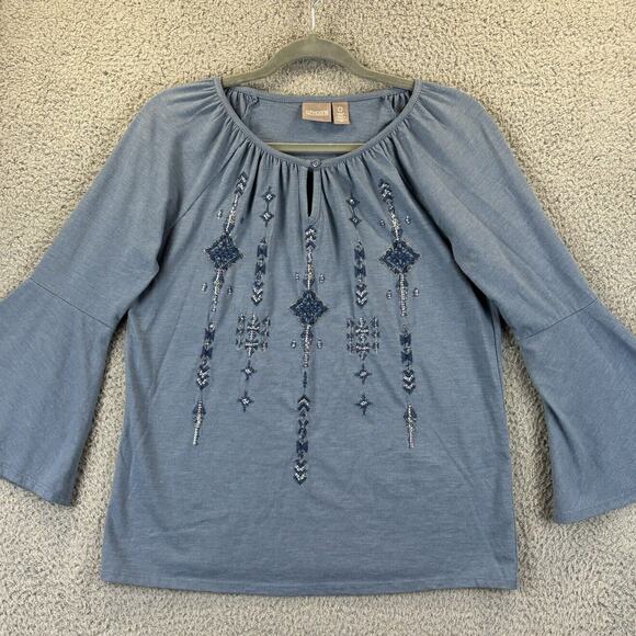 Chico's Tops - Chicos Embroidered Top Small Boho Beachy Bell Sleeve Keyhole Sequin Shirt Size 0